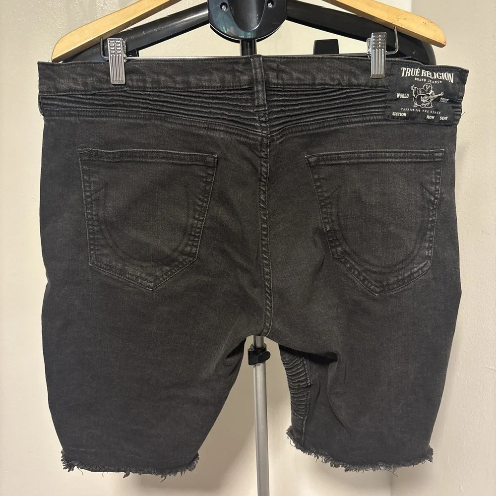 True Religion Jean Shorts Mens 38 Black Denim Rocco Relaxed Skinny Distress Fray